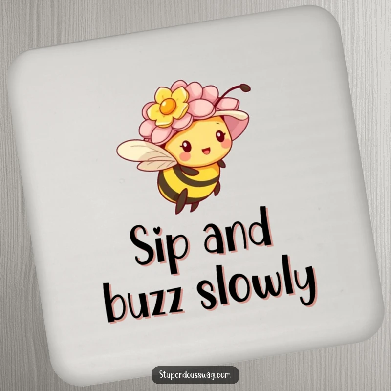 Funny coasters with a tiny bee struggling under an oversized flower hat, adding humor to table settings.
