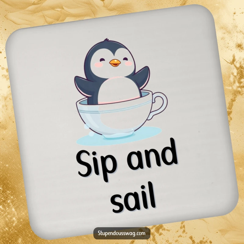 Funny penguin teacup coaster with a dizzy bird sailing in a coffee cup, a humorous and protective drink accessory.