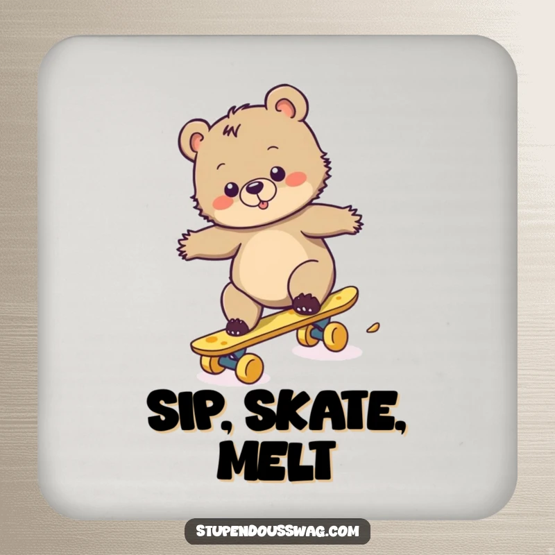 Funny drink coasters featuring a clumsy bear cub attempting to ride a cheese skateboard, adding a humorous touch to any drink.