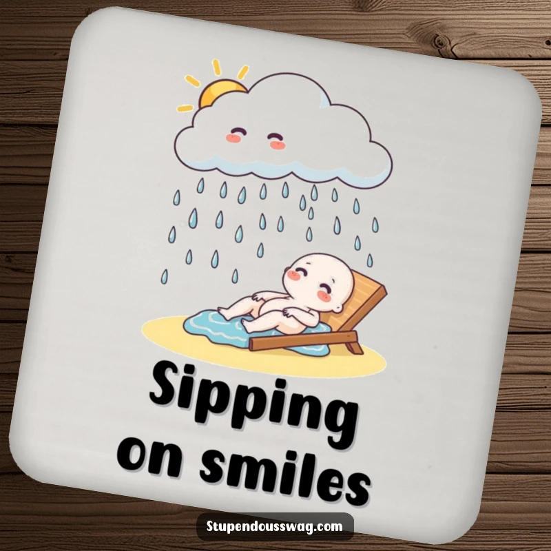 Funny Coaster: A playful cloud raining giggling raindrops, a humorous design for surface protection.