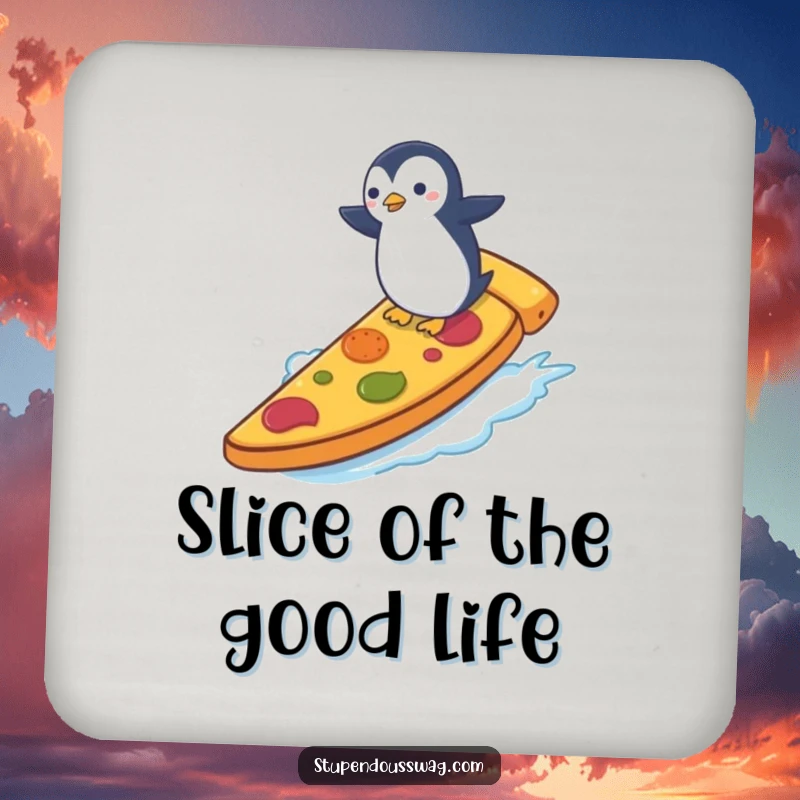 Funny drink coaster depicting a tiny penguin surfing a giant slice of pizza, perfect for protecting surfaces with a dose of humor.