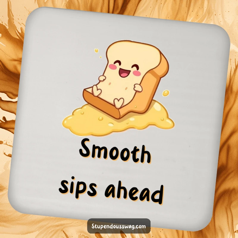Funny drink coaster showcasing a bread loaf comically sliding down a buttered slope, a humorous addition to any table.