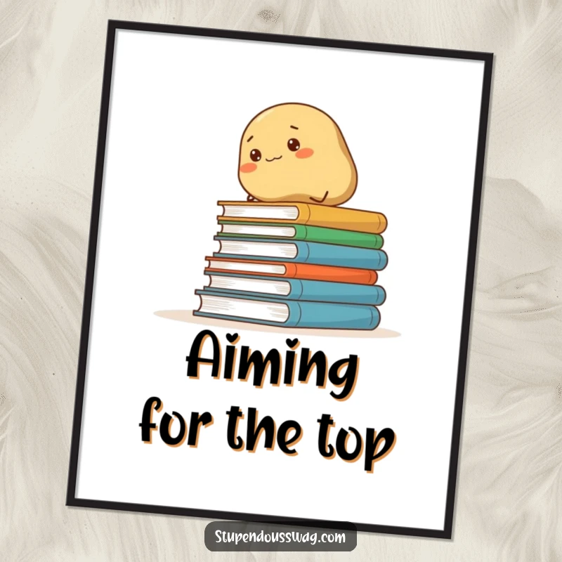Funny poster illustrating a plucky potato's ascent up a pile of books, a witty piece of wall art.