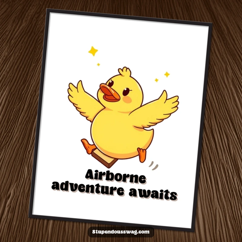 Funny poster art depicting a brave rubber ducky soaring from a piece of toast, creating a dynamic and humorous visual.