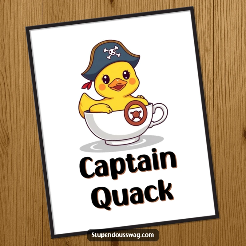 Funny poster art of a rubber duck in a pirate hat steering a teacup, creating a comical and imaginative maritime visual.