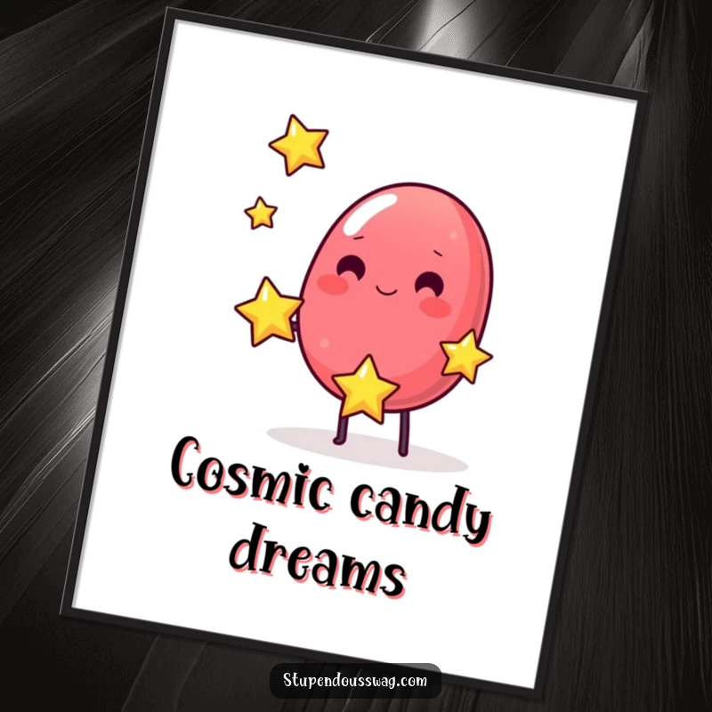 Funny poster depicting a wobbly jelly bean juggling three small, energetic bouncing stars, adding cosmic flair.