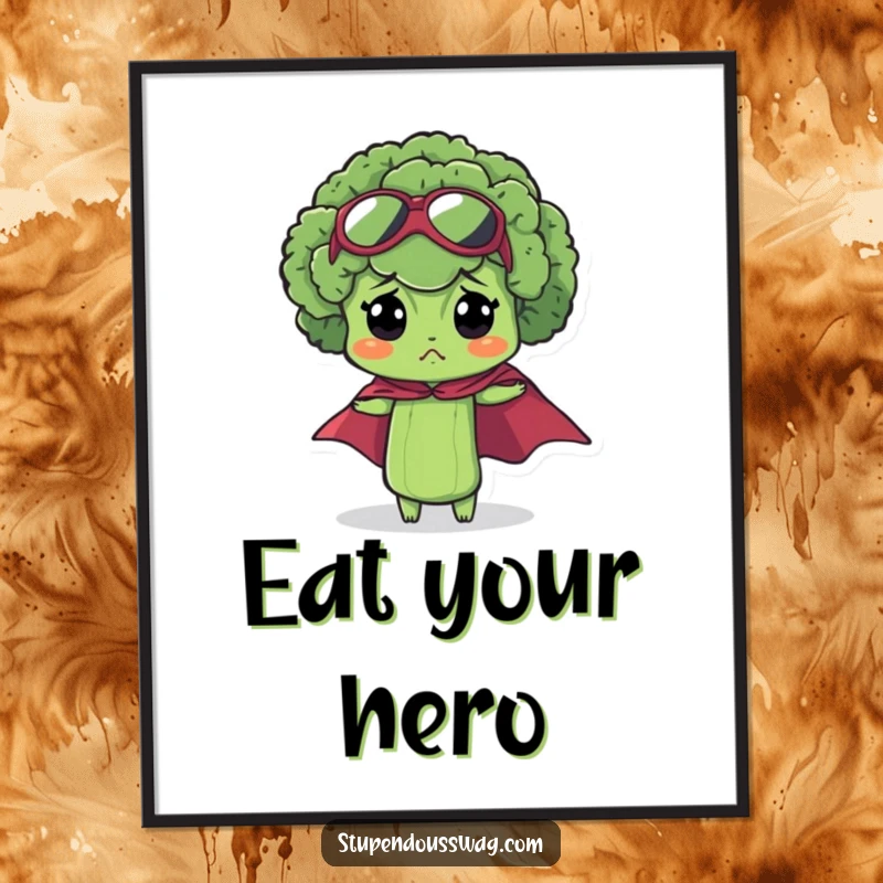 Funny bewildered broccoli poster showing a small floret with a tiny superhero cape, looking endearingly confused.