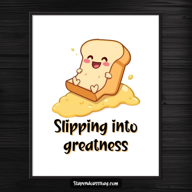 Funny poster capturing a joyful bread loaf in mid-slide down a greased butter slope, a moment of pure comedic action.