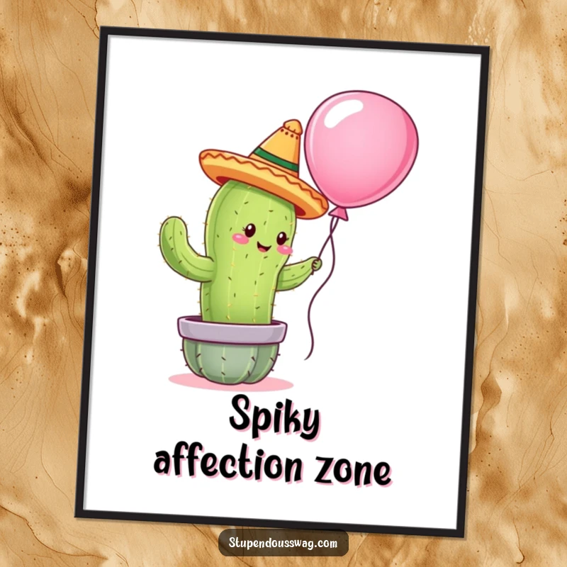 Funny poster art of a cactus wearing a tiny sombrero, reaching to hug a balloon, creating a tender and humorous visual.