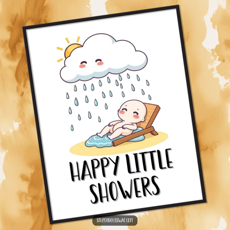 Funny Poster: A playful cloud raining giggling raindrops onto a sunbather, a humorous and cheerful weather illustration.