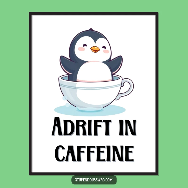 Funny Dizzy Penguin Teacup Poster - Whimsical Floating Art Print Gift!