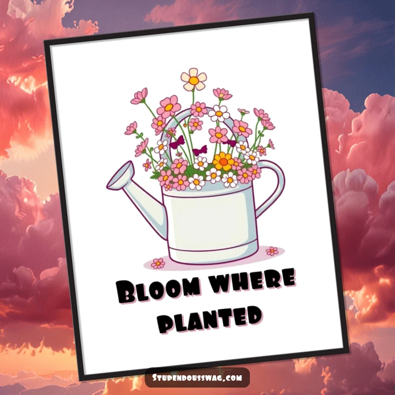 Funny poster art of a giggling watering can cheerfully spilling tiny flowers, creating a scene of pure, vibrant joy.