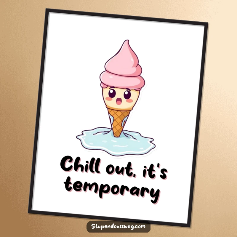 Funny poster illustrating a surprised ice cream cone melting dramatically into a puddle, celebrating dessert fun.