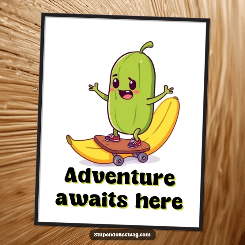 Funny poster depicting a mischievous pickle attempting to skateboard down a banana peel, capturing extreme food action.
