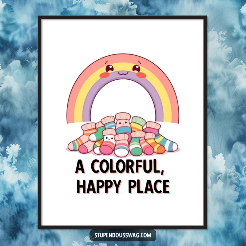 Funny poster featuring a radiant rainbow over a pile of giggling socks, adding cheerful and whimsical decor.