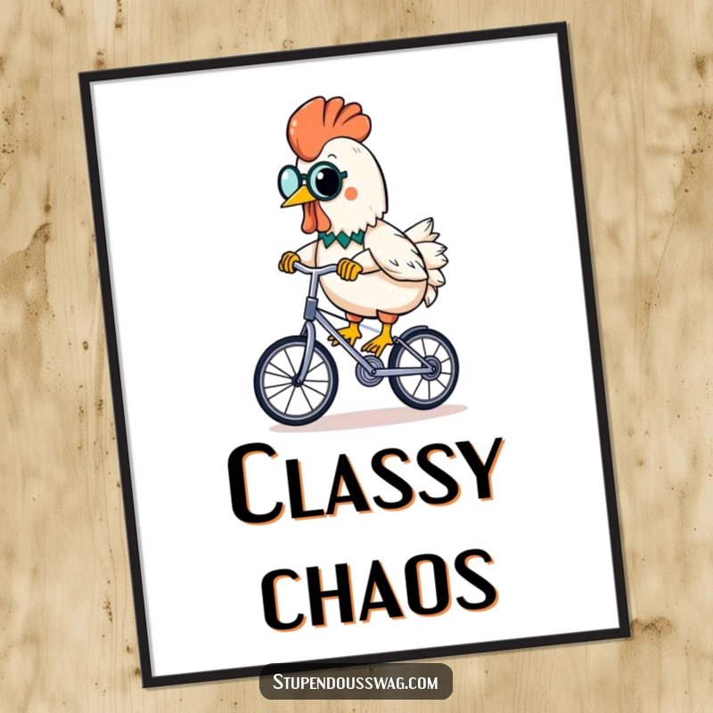 Funny rubber chicken wearing a monocle, riding a unicycle with a banana, whimsical and hilarious wall art.