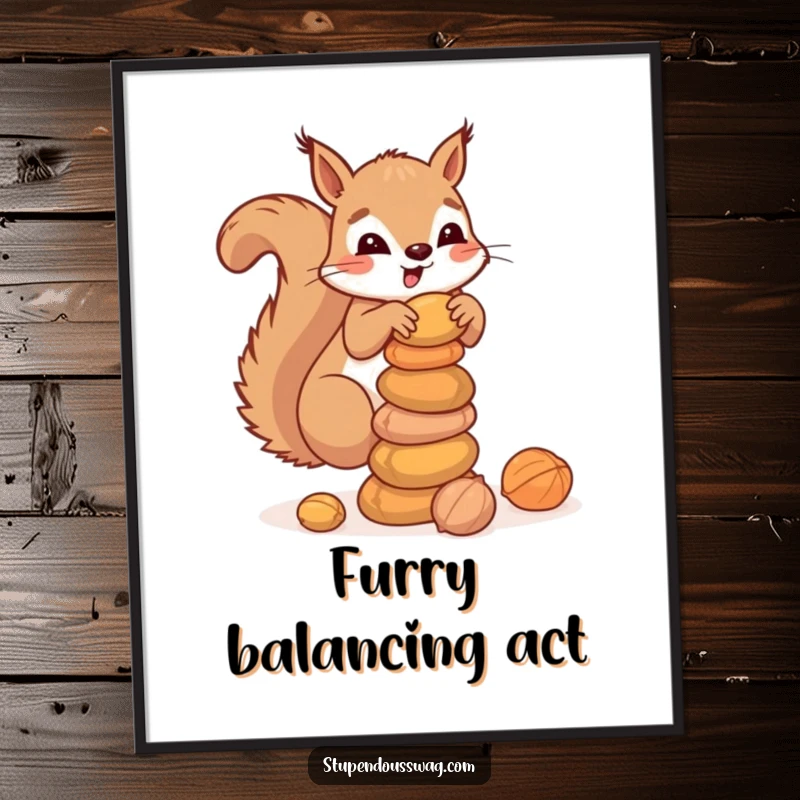 Funny poster art of a clumsy squirrel precariously balancing a stack of nuts, capturing an endearing scene of woodland effort and humorous hoarding.