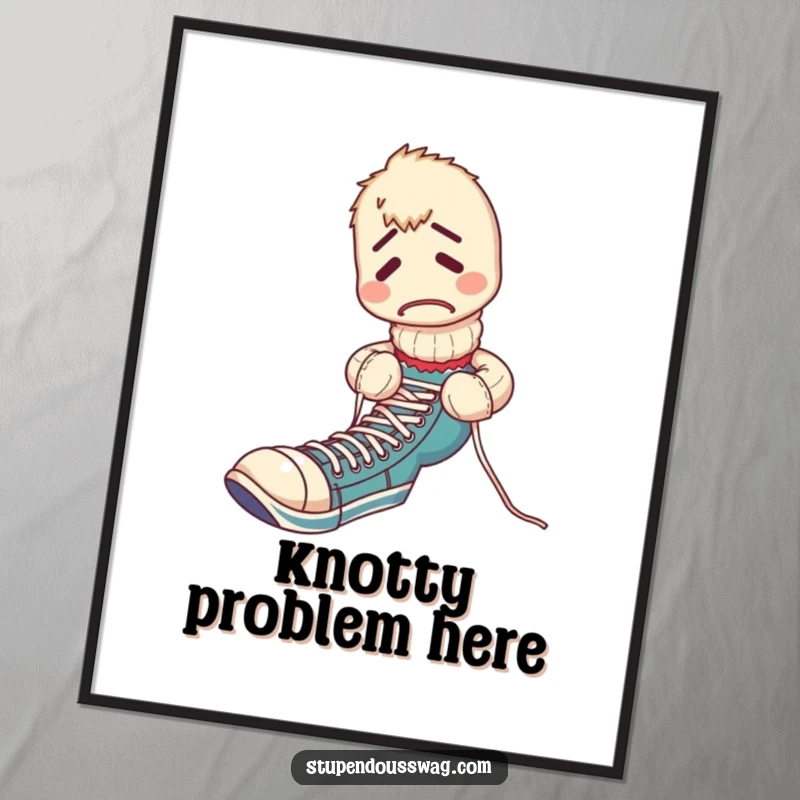 Funny poster art of a confused sock puppet hilariously entangled while trying to tie its shoelaces, perfect for a humorous display.