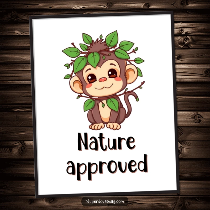 Funny poster of a mischievous monkey character wearing an effective disguise of leaves and twigs in a jungle setting.