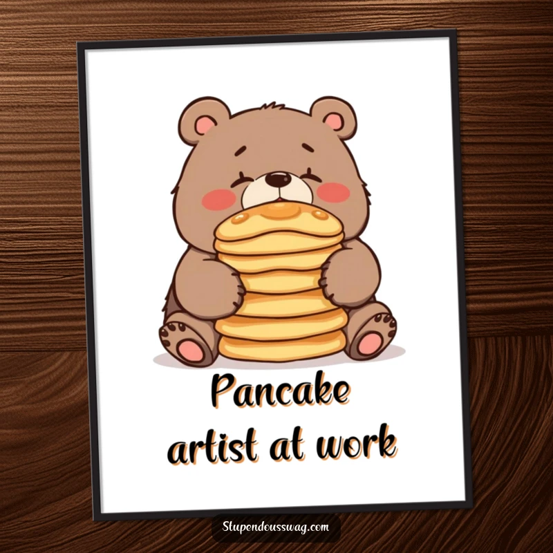 A whimsical poster depicting a clumsy bear attempting to balance a stack of pancakes on its nose, adding humor to wall decor.