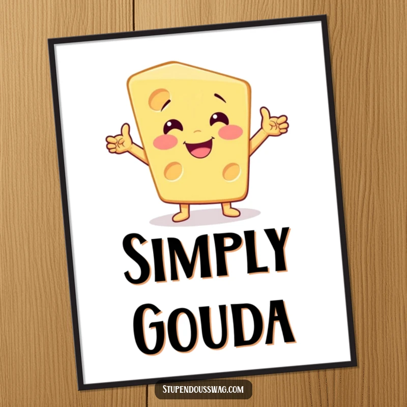 Funny dramatic cheese poster, showing a smiling cheese wedge in a flamboyant, attention-grabbing pose for humorous wall decor.