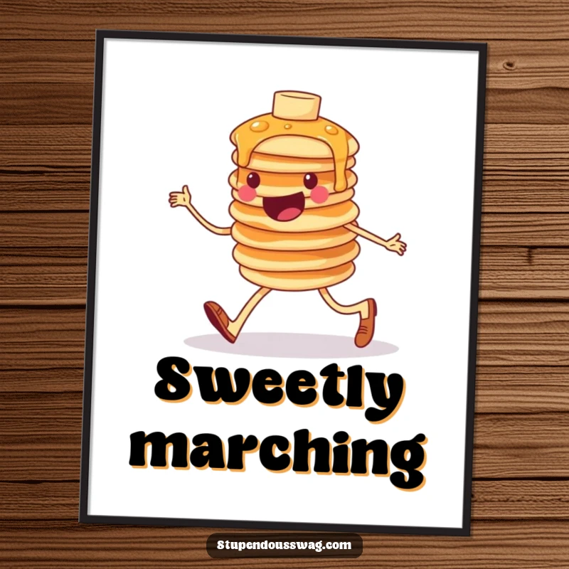 Funny poster featuring a cheerful, slightly wobbly stack of pancakes humorously marching forward, bringing a whimsical and fun vibe to wall art.