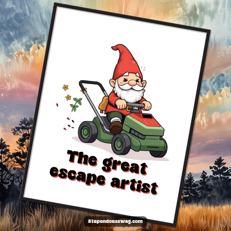 Funny Poster: A garden gnome looking confused while riding a runaway lawnmower, a humorous depiction of garden mishaps.