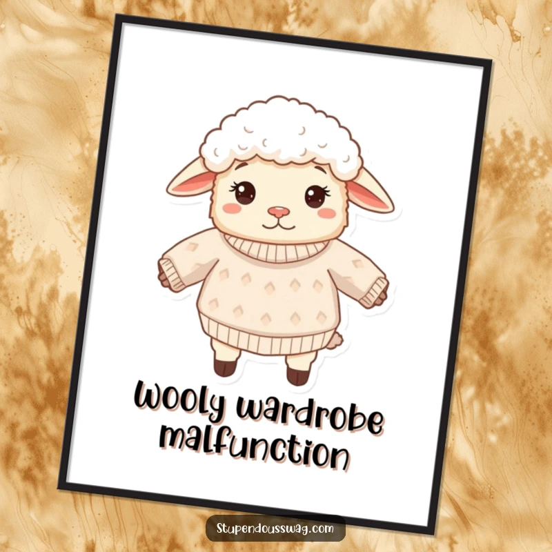 Funny sheep poster of a fluffy sheep looking confused while wearing its sweater inside out. Whimsical and humorous wall decor for animal enthusiasts.