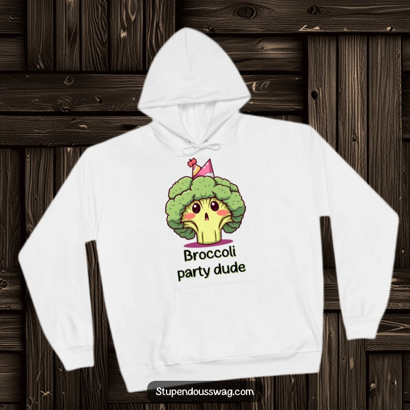 Funny hoodie featuring a surprised broccoli head adorned with a party hat, embodying festive and unexpected cheer.