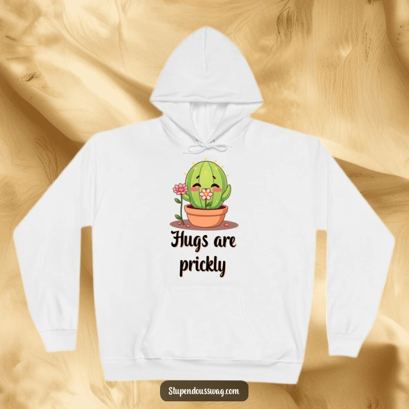 Funny shy cactus hoodie with a nervous plant offering a flower, a warm and humorous apparel gift.