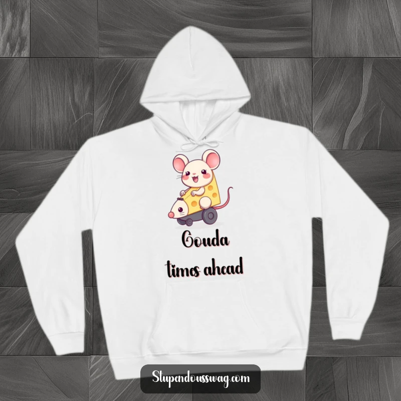 Happy piece of cheese riding a squeaky toy mouse, depicted on a soft and warm hoodie.