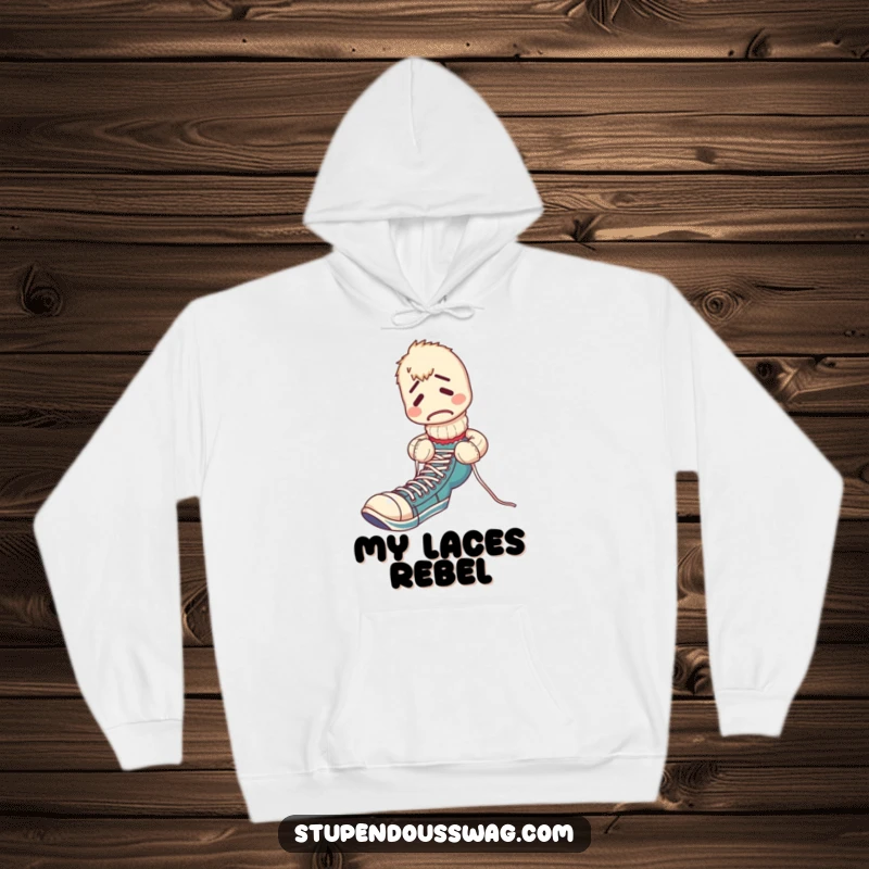 Funny hoodie featuring a confused sock puppet in a comical scene, trying and failing to tie its own shoelaces.