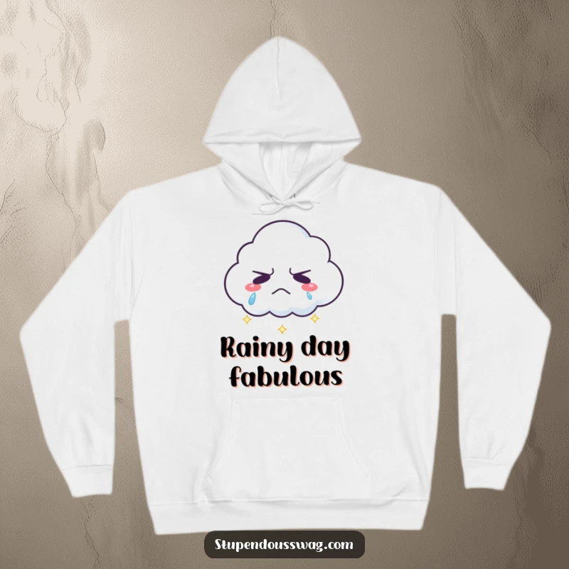 Funny grumpy cloud hoodie with sparkling rainbow tears, a warm and humorous apparel gift for colorful comfort.