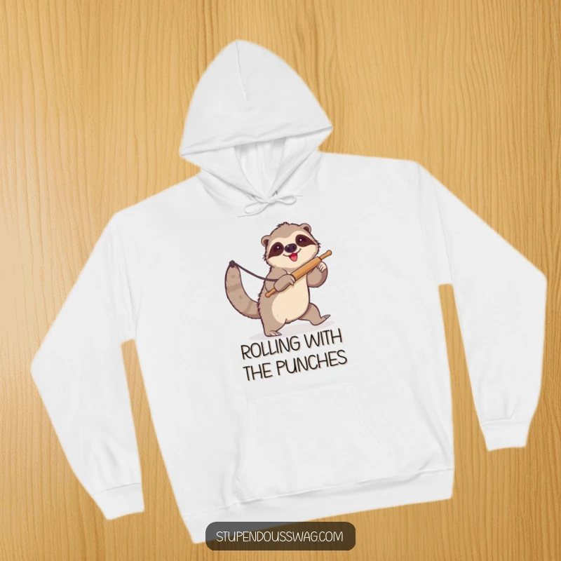 Funny sloth hoodie with a clumsy sloth trying to lasso a runaway rolling pin. Cozy and humorous apparel for animal and baking lovers.