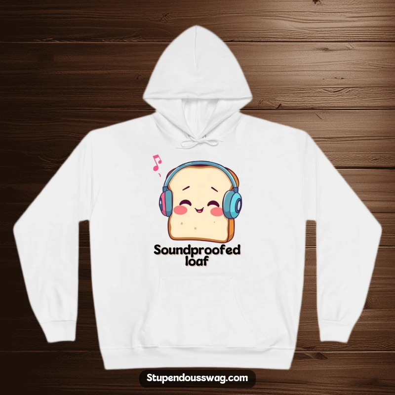 Funny hoodie with a slice of bread wearing earmuffs, comically struggling to hear music, perfect for cozy days.