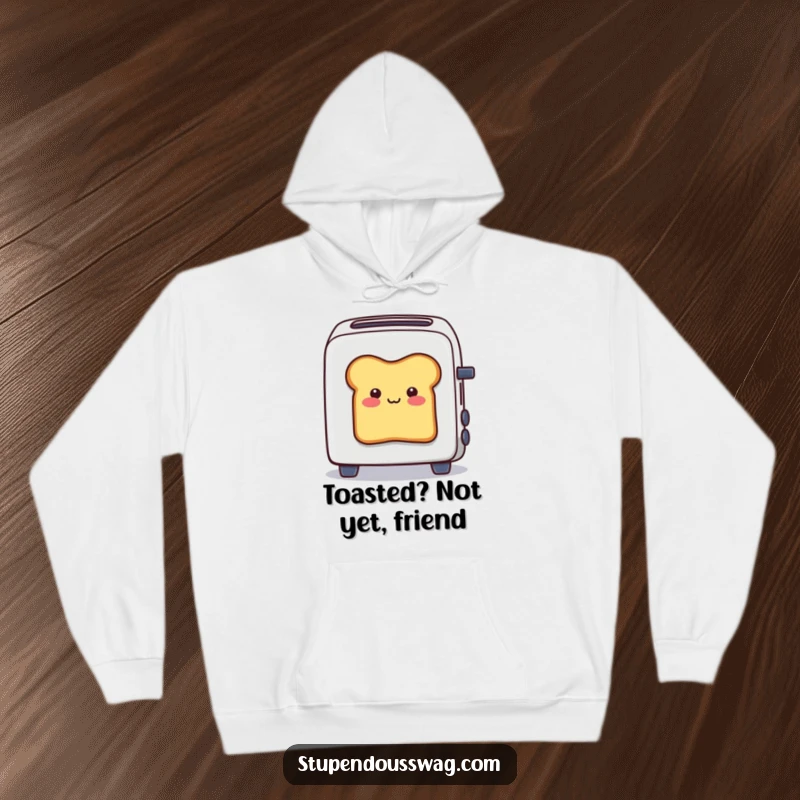 Funny hoodie showing a smiling bread slice stuck halfway out of a toaster, perfect for anyone who loves funny breakfast-themed apparel.