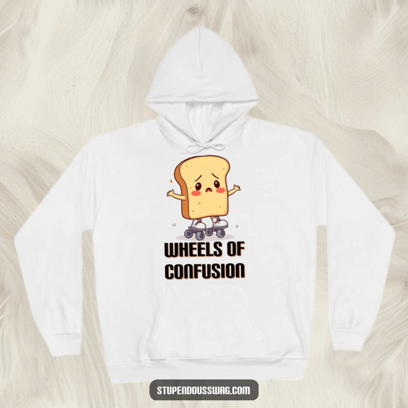 Funny loaf of bread comically struggling with roller skates, depicted on a soft and warm hoodie.