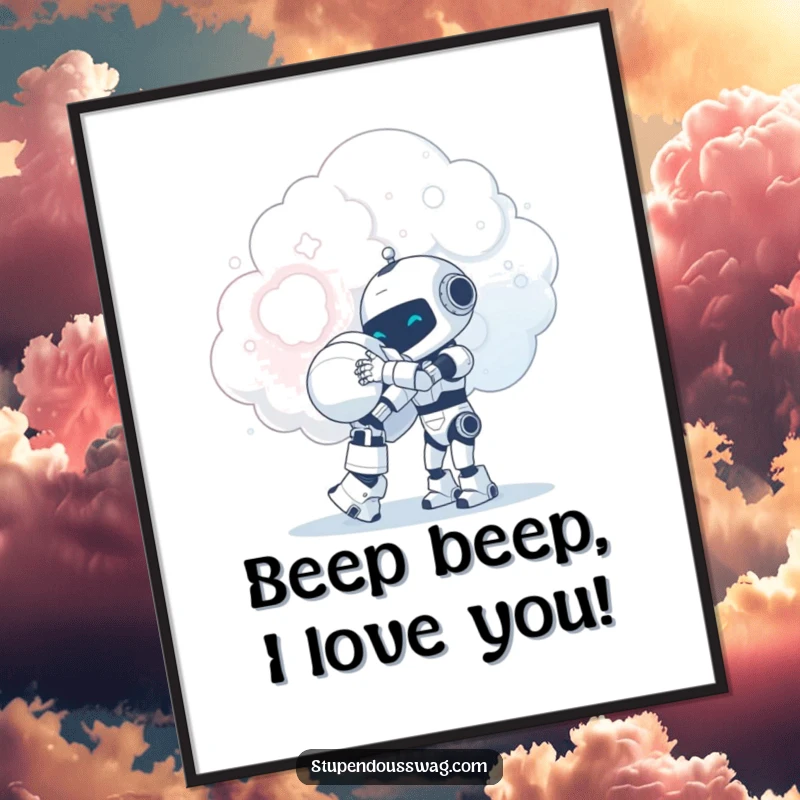 Funny free printable wall art of a small robot attempting to give a giant, gentle hug to a fluffy cloud.