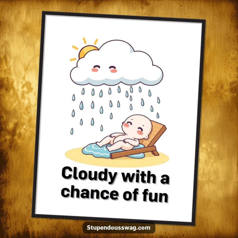 Funny Free Printable Cloud Wall Art: A cloud joyfully raining giggling raindrops on a relaxed sunbather.