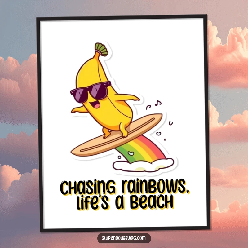 Vibrant Free Printable Wall Art: A banana in sunglasses catching a rainbow wave, bringing sunny, humorous vibes.