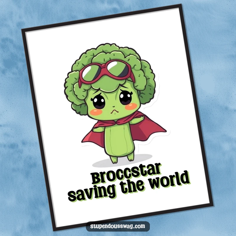 Funny Free Printable Wall Art: A bewildered broccoli floret wearing a tiny superhero cape, ready to defend justice with a comical look.