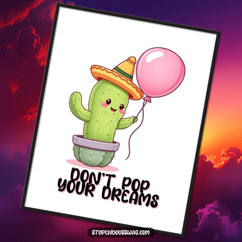 Funny Free Printable Wall Art: Cactus wearing a sombrero attempting to hug a balloon, charming and humorous decor.