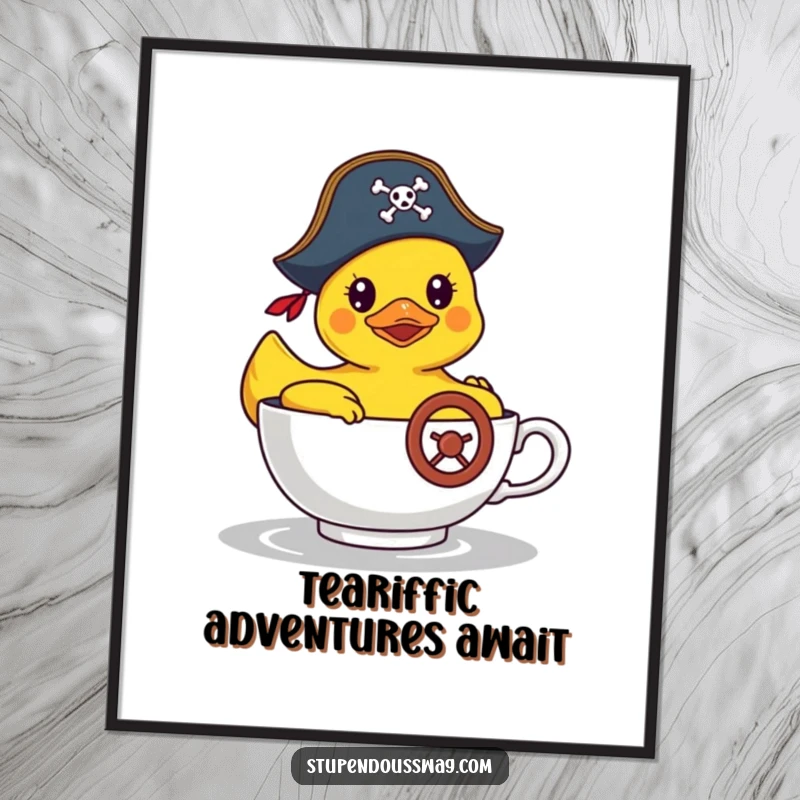 Funny Free Printable Wall Art: Rubber duck in a pirate hat steering a teacup, whimsical and adventurous decor.