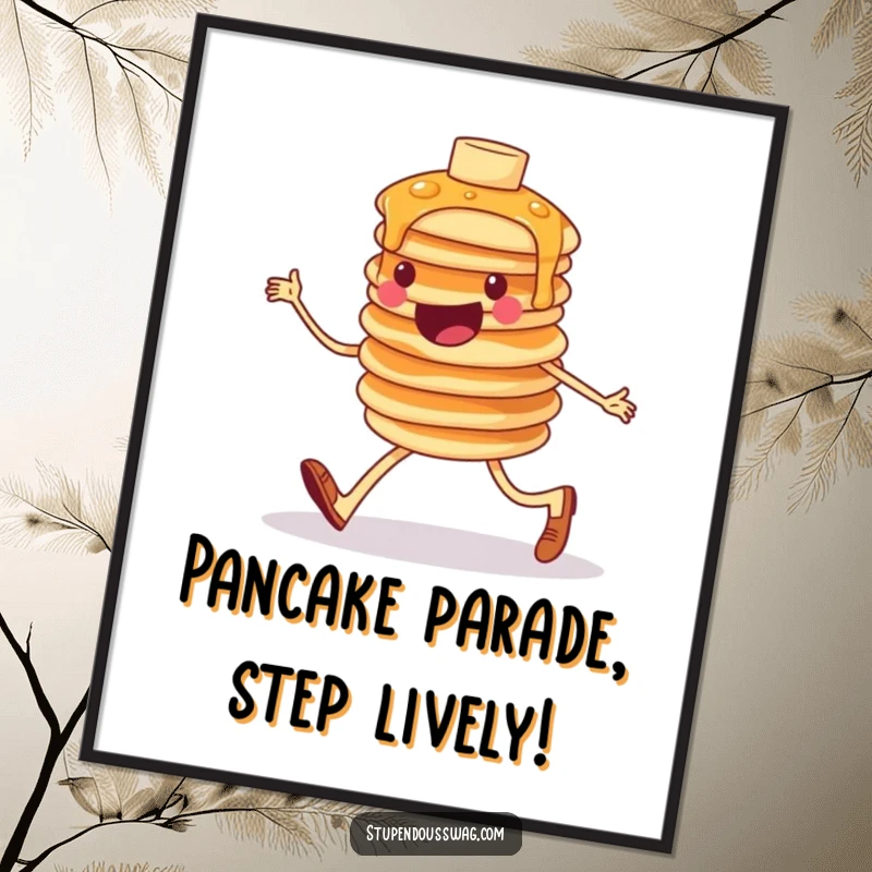 Funny Free Printable Wall Art featuring a cheerful, wobbly stack of pancakes marching in formation with a determined, happy expression.