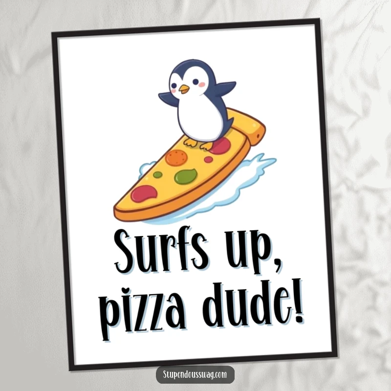 Funny Free Printable Wall Art: Tiny penguin attempting to surf a giant slice of pizza, a comical and adventurous downloadable art piece.