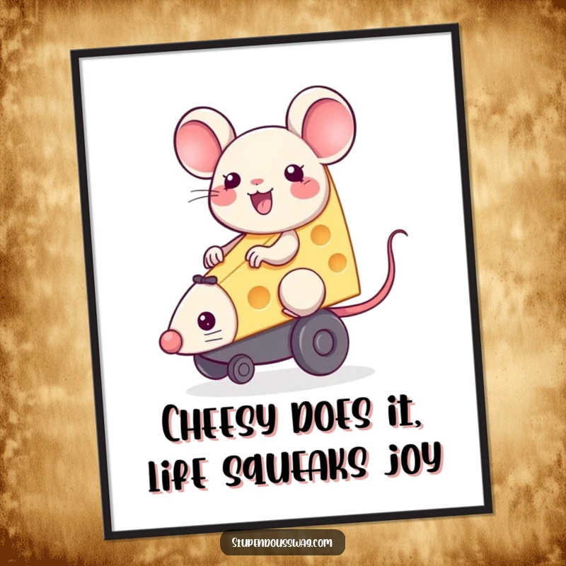 Funny Free Printable Wall Art: A cheerful block of cheese joyfully riding a squeaky toy mouse, humorous and delightful downloadable decor.