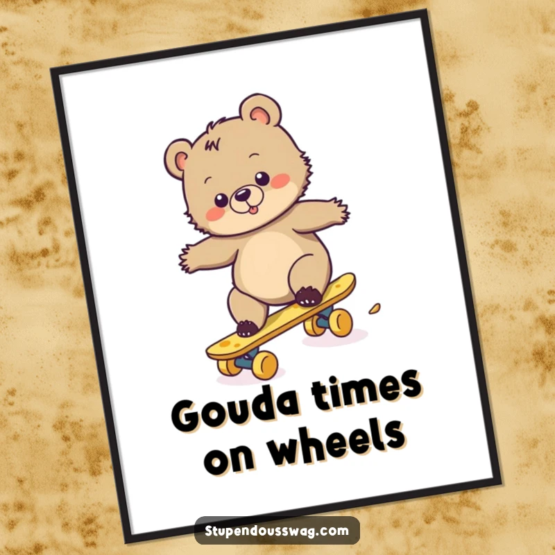 Funny Free Printable Wall Art: Clumsy bear cub riding a skateboard made of cheese, whimsical and humorous downloadable art.