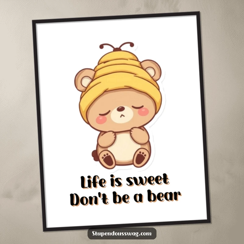 Funny free printable wall art: A sleepy bear character comically tries to wear a buzzing beehive as a stylish hat.