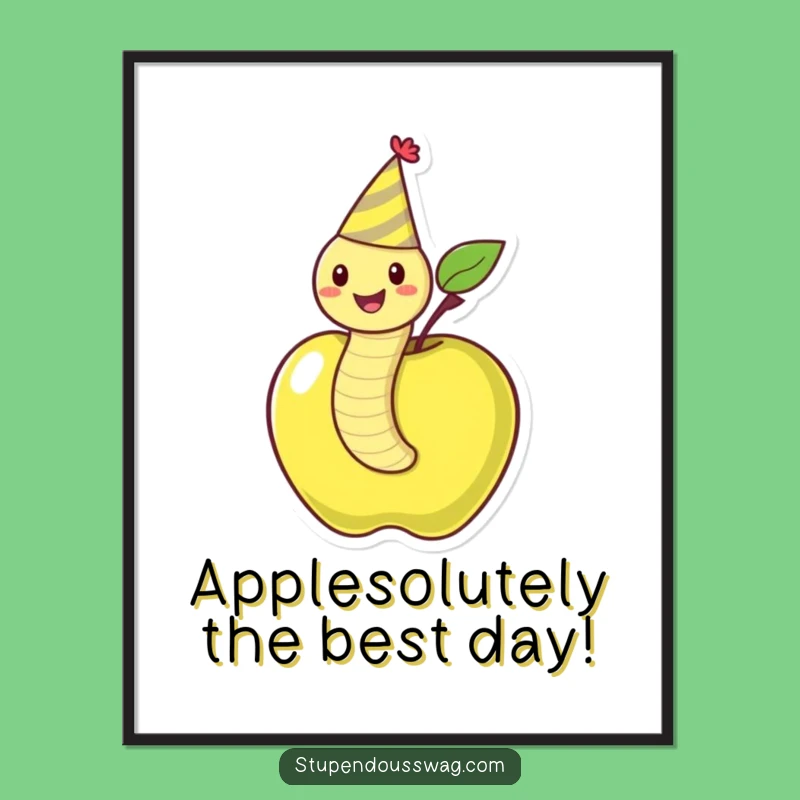 Funny Free Printable Wall Art: Worm in Apple Party Hat - Quirky Decor Download