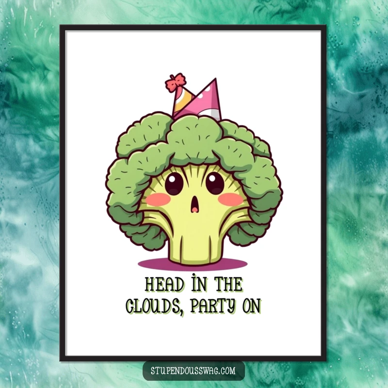 Funny Free Printable Wall Art: Surprised broccoli head in a party hat, whimsical and humorous downloadable art.